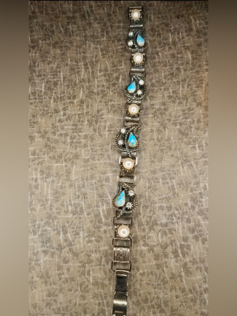 Vintage Handmade Silver bracelet features ornate turquoise Faux Pearls Gemstones